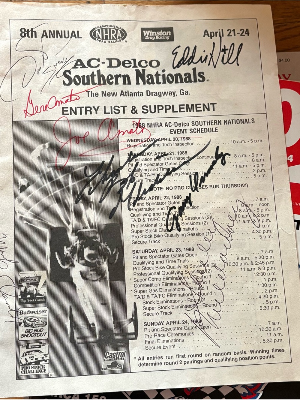 NHRA AC-Delco Southern Nationals event program, 1988